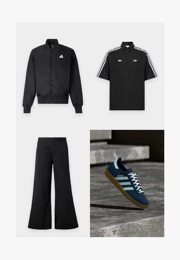 Schwarze Bomberjacke mit Reißverschluss vorne, gerippten Bündchen und kleinem weißen Logo auf der linken Brust. Glatter Stoff mit einer strukturierten Passform.; Schwarzes kurzärmeliges Hemd mit Knopfleiste, dezentem Flammenmuster, weißen Adidas-Trefoil-Logos auf der Brust und weißen drei Streifen an den Ärmeln.; Schwarze weite Hosen aus glattem Stoff, mit vorderen Falten und einem Bund. Sauberes Design ohne sichtbare Muster oder Akzente.; Blauer Adidas Spezial Sneaker mit weißen Streifen und Schnürsenkeln, Gummisohle, schwebend über rauer Betonoberfläche und Treppen im Hintergrund.
