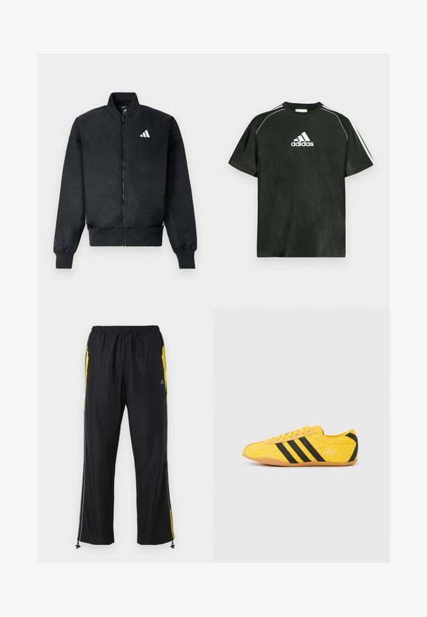 Sort bomberjakke med lynlås foran, ribstrikkede manchetter og et lille hvidt logo på venstre bryst. Glat stof med en struktureret pasform.; Sort T-shirt med korte ærmer, hvide Adidas-logo på brystet og hvide striber på skuldrene. Fremstillet af glat stof, afslappet pasform.; Sorte træningsbukser med gule sideaccenter, elastisk talje og lynlåslommer på siden. Fremstillet af let og glat stof.; Gul atletiksko med en tekstureret overdel, der har sorte striber og logo. Rundt tå, blød sål og zigzag-mønster på materialet.