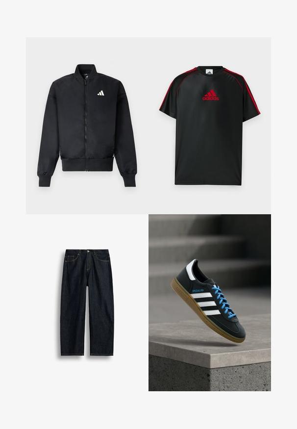 Schwarze Bomberjacke mit Reißverschluss vorne, gerippten Bündchen und kleinem weißen Logo auf der linken Brust. Glatter Stoff mit einer strukturierten Passform.; Schwarzes Sport-T-Shirt mit roten Akzenten und Logo. Hergestellt aus glattem, leichtem Stoff. Verfügt über einen Rundhalsausschnitt und kurze Ärmel.; Dunkelblaue Jeans mit geradem Bein, gelben Nähten, vorderen Taschen und Knopfverschluss in der Taille.; Schwarzer Adidas-Sneaker mit weißen Streifen, blauen Schnürsenkeln und Gummisohle, der über einer grauen Betontreppe im weichen Licht schwebt.