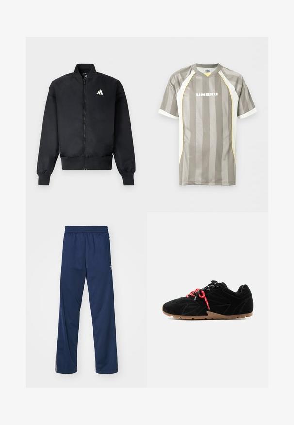 Zwarte bomberjack met een rits aan de voorkant, geribbelde manchetten en een klein wit logo op de linkerborst. Gladde stof met een gestructureerde pasvorm.; Grijs sportshirt met korte mouwen en verticale strepen, witte zijpanelen met gele bies, en het "UMBRO"-logo in het midden van de borst.; Navyblauwe sportbroek met een elastische tailleband, voorzien van witte zijkanten en een logo accent op de linker dij.; Zwarte suède sneaker met bruine zool en contrasterende rood-zwarte patroonveters op een witte achtergrond.