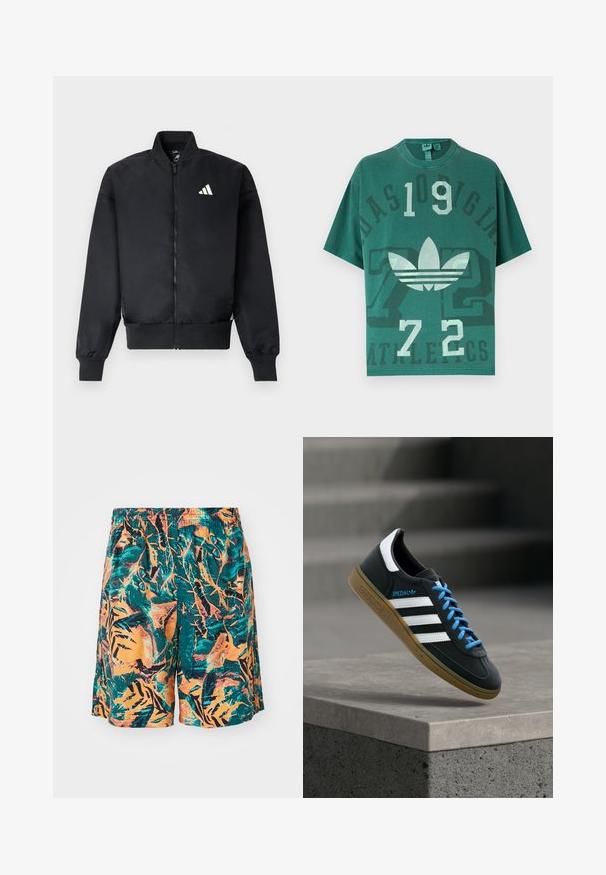 Blouson aviateur noir avec fermeture éclair sur le devant, poignets côtelés et petit logo blanc sur le côté gauche de la poitrine. Tissu lisse avec une coupe structurée.; T-shirt vert surdimensionné avec le logo Adidas, grands chiffres "109" et "72", et texte délavé "Adidas Originals Athletics" à l'avant.; Shorts de bain avec un motif de feuilles de jungle orange, turquoise et noir, fabriqués à partir d'un tissu léger avec une taille élastique pour plus de confort.; Baskets Adidas noires avec des rayures blanches, des lacets bleus et une semelle en gomme flottant au-dessus d'une marche en béton grise sous une lumière douce.