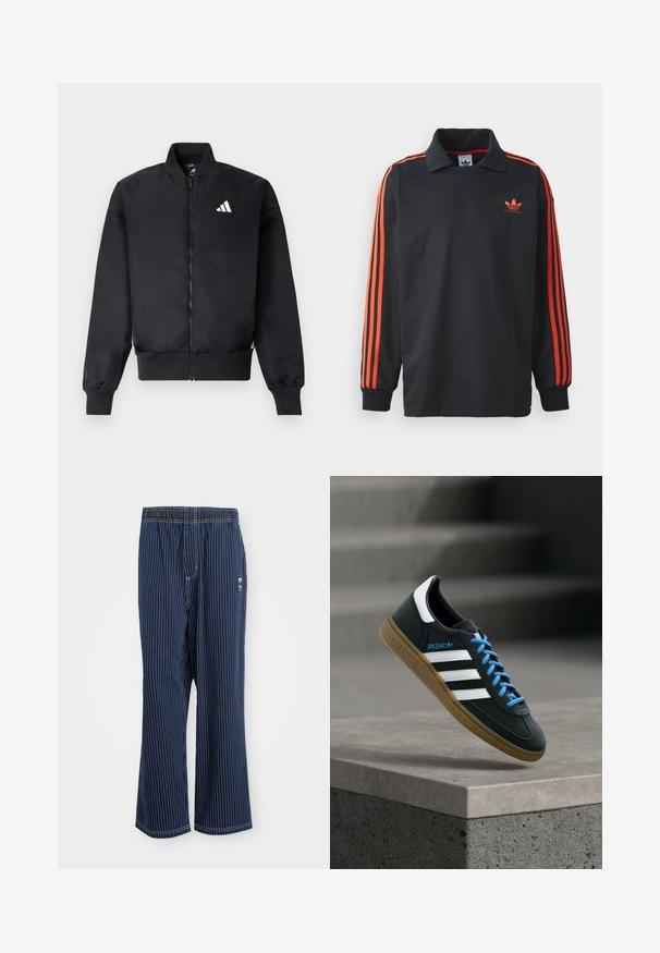 Schwarze Bomberjacke mit Reißverschluss vorne, gerippten Bündchen und kleinem weißen Logo auf der linken Brust. Glatter Stoff mit einer strukturierten Passform.; Schwarzes Langarm-Polo mit Kragen, das rote Streifen an den Ärmeln und ein kleines rotes Logo auf der Brust trägt. Glatte Stoffstruktur.; Marine gestreifte Hose mit hellblauen vertikalen Streifen, elastischem Bund, weit geschnittenem Bein und kleinem Logo an der Seite. Der Stoff hat eine glatte Textur.; Schwarzer Adidas-Sneaker mit weißen Streifen, blauen Schnürsenkeln und Gummisohle, der über einer grauen Betontreppe im weichen Licht schwebt.
