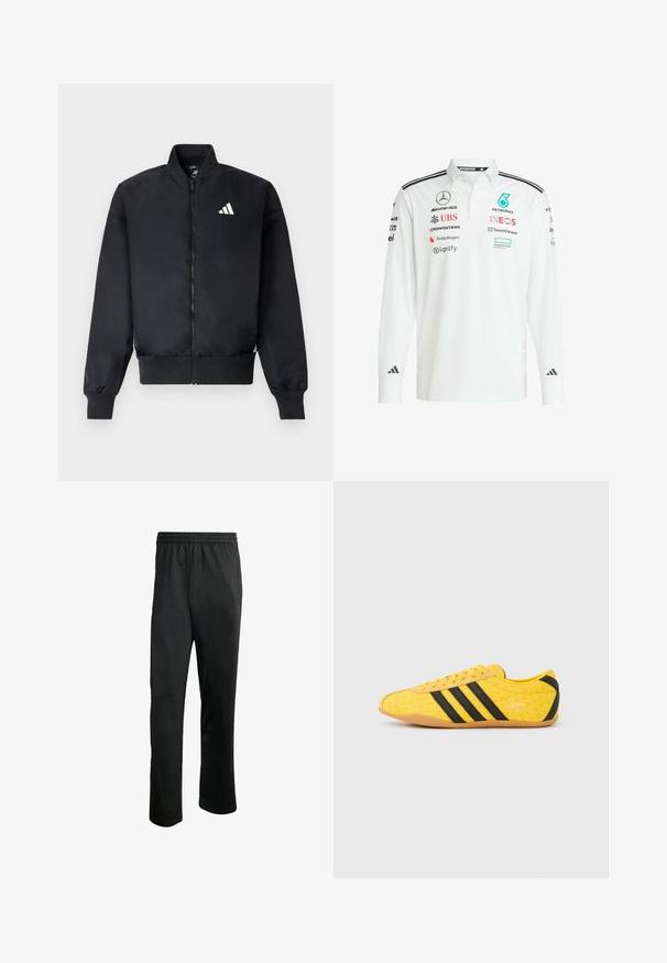 Sort bomberjakke med lynlås foran, ribstrikkede manchetter og et lille hvidt logo på venstre bryst. Glat stof med en struktureret pasform.; Hvid langærmet polo skjorte med krave, prydet med sorte striber, flere sponsors logoer på fronten og ærmerne samt Adidas branding.; Sorte træningsbukser med en komfortabel elastisk livline, to sidelommer og et glat, let stof. Har diskrete logo detaljer.; Gul atletiksko med en tekstureret overdel, der har sorte striber og logo. Rundt tå, blød sål og zigzag-mønster på materialet.