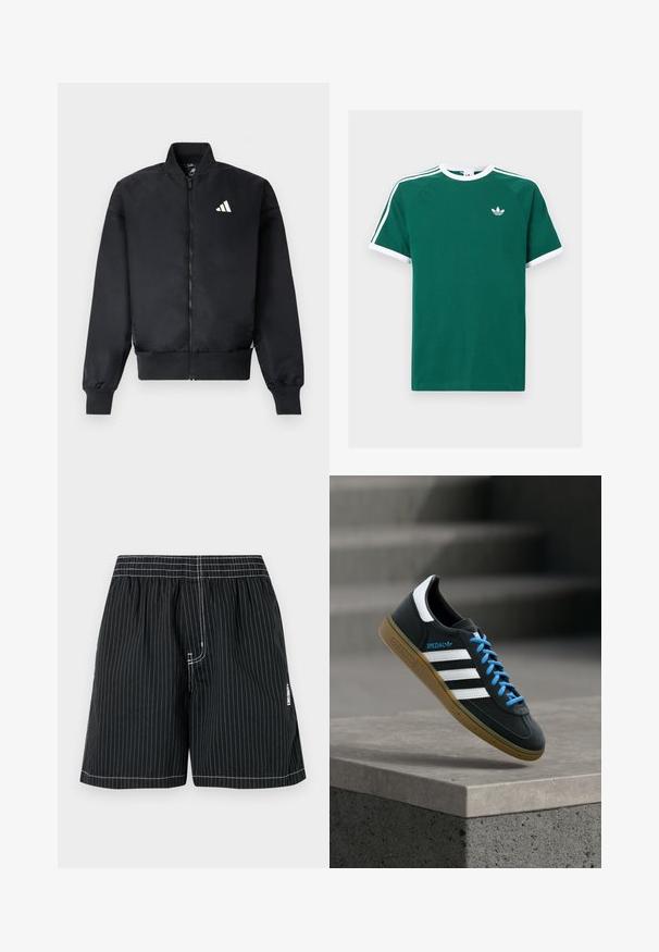 Zwarte bomberjack met een rits aan de voorkant, geribbelde manchetten en een klein wit logo op de linkerborst. Gladde stof met een gestructureerde pasvorm.; Groen katoenen t-shirt met witte accenten, voorzien van korte mouwen, een ronde hals en drie witte strepen op elke schouder. Klein logo op de borst.; Zwarte gestreepte shorts met witte pinstripes, voorzien van een elastische tailleband, gestikte details en een zijlabel. Gladde, lichte stof.; Zwarte Adidas-sneaker met witte strepen, blauwe veters en een gumzool die boven een grijze betonnen trede zweeft in zacht licht.