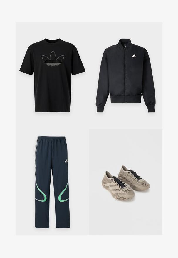 Sort bomberjakke med lynlås foran, ribstrikkede manchetter og et lille hvidt logo på venstre bryst. Glat stof med en struktureret pasform.; Sort bomuld T-shirt med et stort, omridset Adidas-logo i reflekterende materiale med vandrette linjer på forsiden. Korte ærmer.; Marinen track pants lavet af letvægtsstof, med hvide striber på siderne og grønne buede detaljer. Elastisk talje for komfort.; Par beige sportssko med sorte snørebånd, med et tekstureret, stribet mønster og tre side striber på en ensfarvet baggrund.
