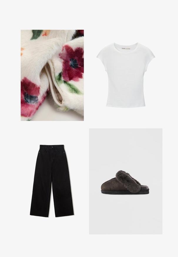 Nepbontstof met een bloemenpatroon in rood, groen en oranje op een crèmewitte achtergrond, met zachte, gestructureerde oppervlakdetails.; Witte katoenen T-shirt met korte, opgerolde mouwen, een ronde halslijn en een rechte zoom. Gladde textuur zonder zichtbare patronen of accenten.; Zwarte, wijde spijkerbroek van denim met een hoge taille, voorzien van een vijf-pocket ontwerp en een enkele knoopsluiting aan de voorkant.; Bruine pantoffels met een bontvoering, een gebogen vorm, een leren bovenkant met textuur en een stevige zwarte zool. Zacht materiaal is opvallend rond de opening.