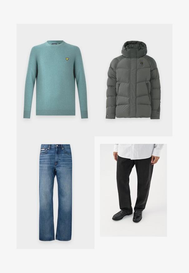 Polstret hættejakke i mørkegrå, med lynlåslommer i siderne, en glat tekstur og et slidstærkt stof med en mat overflade.; Crewneck-sweater i blødt tealstof med lange ærmer og ribbet kant. Broderet gul logo på brystet.; Blå lige ben denim jeans med let bleget effekt, frontlukning med knap og et lille logo mærke på den højre forlommer.; Sorte denimbukser parret med skinnende sorte loafers. Skjorten er hvid med tynde lodrette striber, har lange ærmer og en knapkrave.