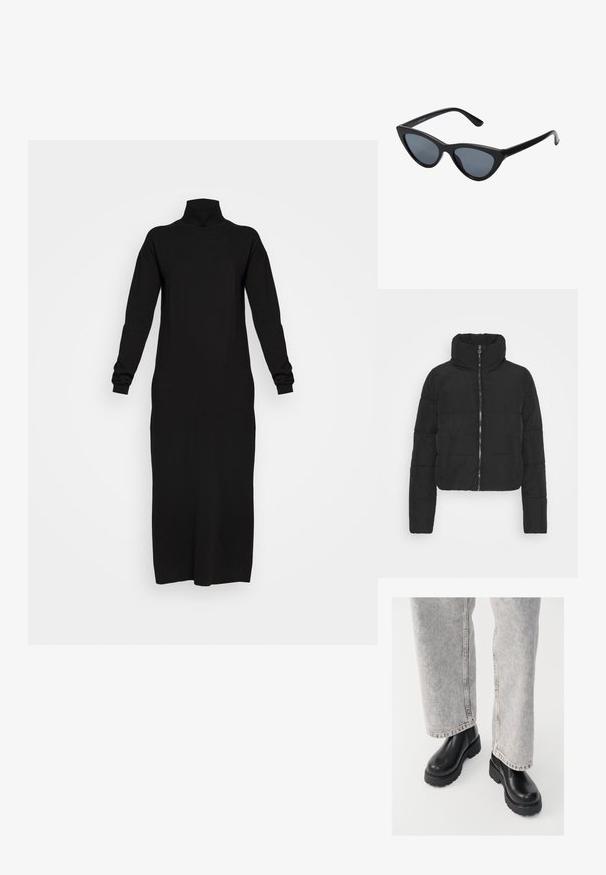 Zwarte donsjas met hoge kraag, ritssluiting aan de voorkant, cropped lengte en doorgestikte textuur. Voorzien van lange mouwen en een glad oppervlak.; Zwarte lange mouw coljurk, gemaakt van zachte stof, licht getailleerde pasvorm, tot halverwege de kuit, met ribgebreide manchetten en halslijn.; Vagabond COSMO - Enkellaarsjes met plateauzool - black; Zwarte cat-eye zonnebril met donkergrijze lenzen, slank plastic frame, puntige hoeken en rechte pootjes. Geen zichtbare hardware of accenten.