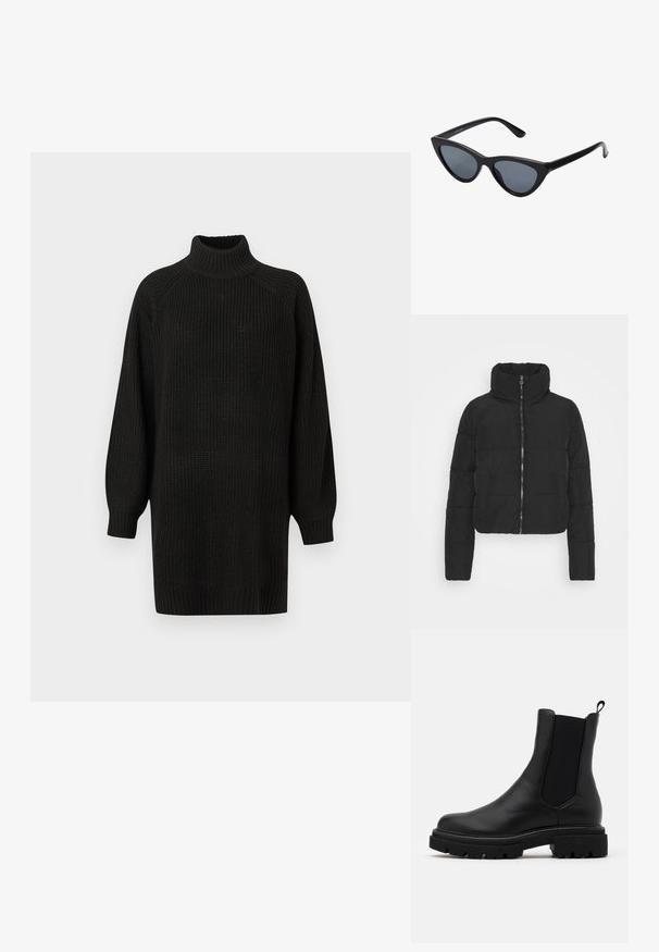 Doudoune noire à col montant, fermeture éclair frontale, longueur courte et texture matelassée. Comprend des manches longues et une surface lisse.; Pull noir en tricot avec col roulé et manches raglan, présentant une coupe décontractée et des poignets et un ourlet côtelés. Surface texturée avec un design uni.; Bottes Chelsea en cuir noir avec des panneaux latéraux en élasthanne et une languette. Semelles en caoutchouc noir épais et texturé avec un design de semelle robuste.; Lunettes de soleil noires en forme d'œil de chat avec des verres gris foncé, monture en plastique élégante, coins pointus et branches droites. Pas de métal visible ni d'accents.