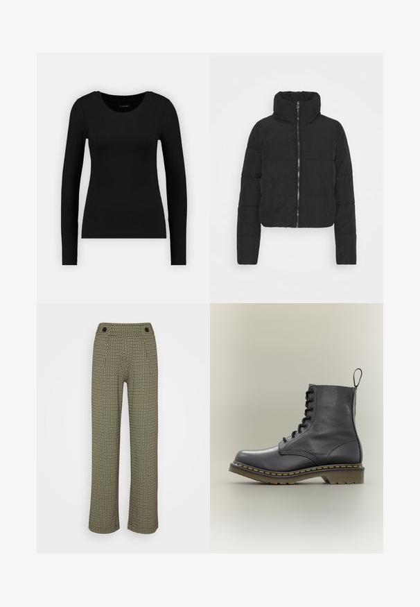 Zwarte donsjas met hoge kraag, ritssluiting aan de voorkant, cropped lengte en doorgestikte textuur. Voorzien van lange mouwen en een glad oppervlak.; Zwarte longsleeve shirt van ribstof. Heeft een ronde halslijn en een getailleerde pasvorm. Eenvoudig ontwerp zonder patronen of accenten.; JDY JDYGEGGO MIA LONG CHECK PANT - Broek - tapioca/kalamata; Zwarte leren combatlaars met 8 veteroogjes, rubberen zool, gele stiksels en een trekkoordje aan de achterkant. Heeft een gestructureerd bovenwerk.