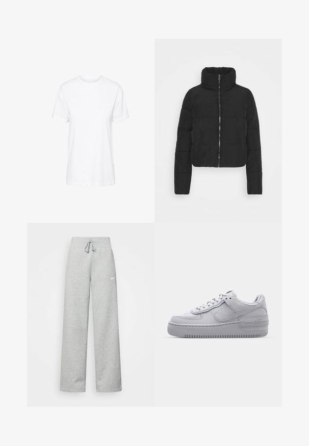 Doudoune noire à col montant, fermeture éclair frontale, longueur courte et texture matelassée. Comprend des manches longues et une surface lisse.; T-shirt en coton blanc avec des manches courtes, un col rond et une coupe décontractée, offrant une texture lisse et sans motifs visibles.; Pantalon de survêtement gris avec une taille élastique, un détail de cordon de serrage et un petit logo Nike blanc sur la cuisse gauche. Tissu doux, coupe ample.; Basket en cuir lisse gris Nike Air Force 1 avec un bout perforé, une semelle épaisse et un détail 'AIR' en relief sur le talon.