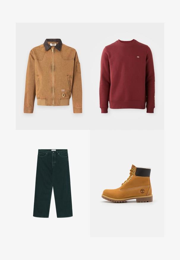 Ruskea denimtakki tummalla kauluksella, vetoketjulla edessä, sivutaskuilla ja kultavärisellä yksityiskohdalla. Helmassa on logopläntti.; Maroonsurmeg valmistatud puuvillasegistusest. Omab soonikservaga ümarat kaelust, elastseid mansette ja väikest brändi logo rinnal.; Tummanvihreät leveälahkeiset farkut, joissa on nappi- ja vetoketjusuljenta, etutaskut ja vyölenkit, asetettuna tasaiselle valkoiselle taustalle.; Ruske nahkasaapad ankle-moodi, metallist silmadega, valge karvase voodriga, musta pehmendusega kaeluse ja läbilöökide tald. Kotiriide logo on küljes.