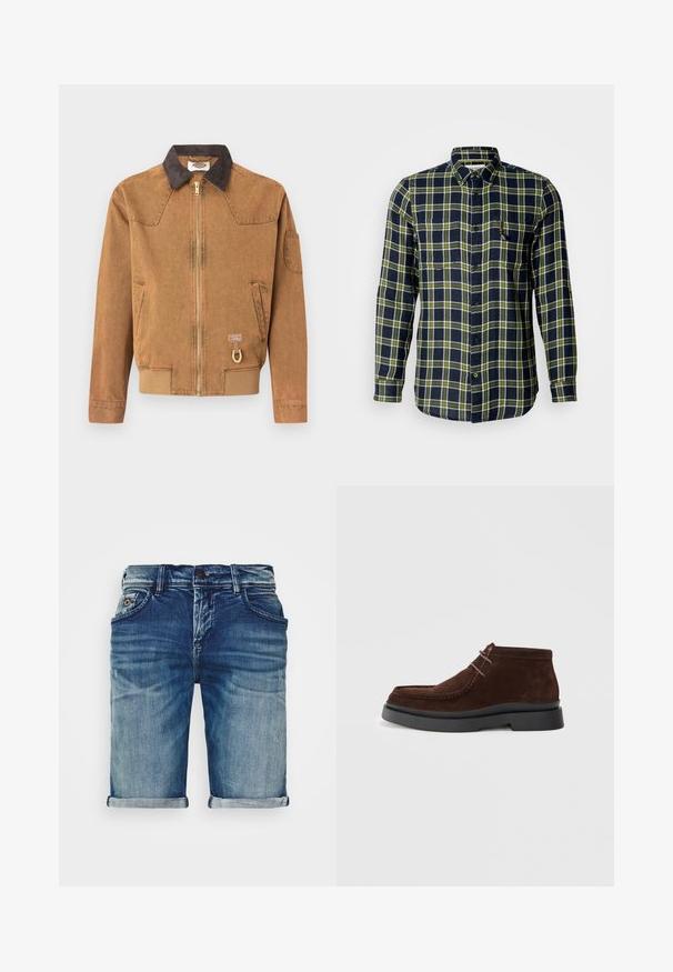 Chaqueta de mezclilla marrón con cuello oscuro, cremallera frontal, bolsillos laterales y un detalle de color dorado. Presenta un parche con logo cerca del dobladillo.; Scotch & Soda REGULAR FIT SHIRT - Camisa - sky captain; Shorts de mezclilla en azul medio con un acabado ligeramente desgastado. Presentan dobladillos doblados, diseño de cinco bolsillos y cierre de botón de metal.; Botines de ante marrón con punta redondeada, que cuentan con una suela de goma negra y dos cordones de cuero decorativos en la parte frontal.