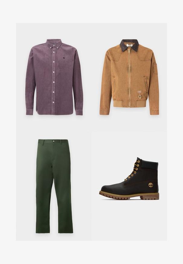 Braune Jeansjacke mit dunklem Kragen, Reißverschluss vorne, Seitentaschen und einem goldfarbenen Akzent. Verfügt über ein Logo-Patch in der Nähe des Saums.; Lila Corduroy-Hemd mit Button-Down-Kragen, langen Ärmeln und einem dezenten Logo auf der Brust. Verfügt über eine Knopfleiste vorne.; Grüne Hosen mit geradem Schnitt, aus einem glatten Stoff gefertigt. Verfügt über einen Knopfverschluss und Fronttaschen, mit minimalen Designdetails.; Schwarze Leder-Ankle-Boots mit goldenen Ösen, braunen Akzenten und einer Gummisohle. Verfügt über einen gepolsterten Schaft und ein geprägtes Logo an der Seite.