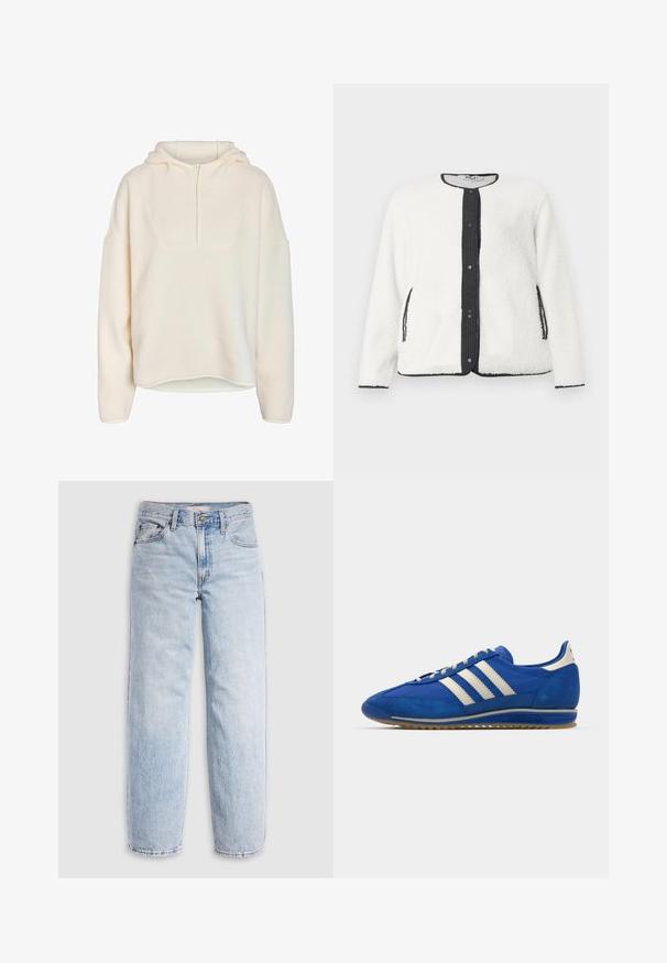 Chaqueta de forro polar blanca con tapeta de botones acanalada negra y ribete. Presenta dos bolsillos laterales y una tela texturizada para brindar calor.; Noisy May Half-Zip Fleece NMCOZY - Suéter de forro polar - eggnog; Jeans de mezclilla azul claro con cintura alta, corte relajado, piernas rectas y un diseño clásico de cinco bolsillos. Desgastado visible y detalles de costuras.; Zapatilla de ante azul de perfil bajo, con tres rayas blancas, una puntera texturizada y una suela de goma.