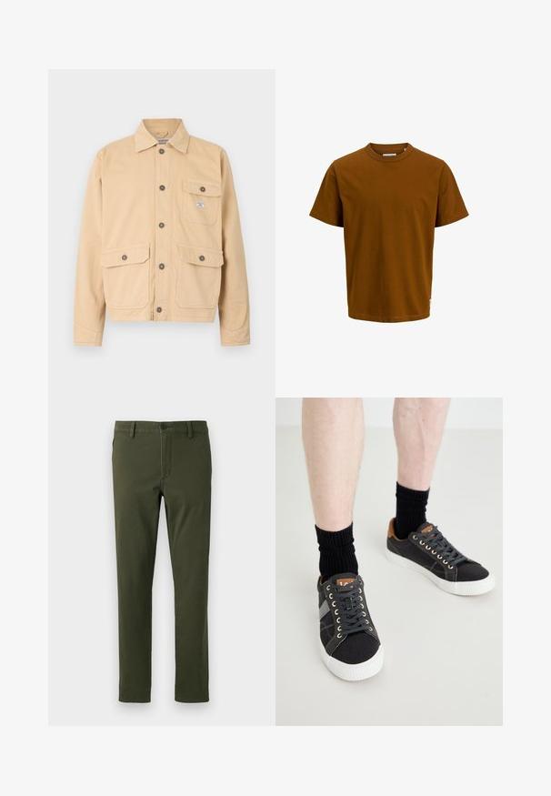 Veste en toile beige avec une fermeture à boutons sur le devant, deux grandes poches avant à rabat et une petite poche poitrine. Col standard et manches longues.; T-shirt en coton brun avec un col rond et des manches courtes. Texture lisse avec une coupe droite. Petite étiquette de marque sur l'ourlet latéral.; Pantalons slim en coton de couleur vert olive, avec une texture lisse. Présente une fermeture éclair et un bouton, ainsi que des poches latérales.; Baskets en toile grises avec des semelles en caoutchouc blanches, des lacets noirs et des accents en cuir marron au niveau du talon, accompagnées de chaussettes noires à côtes.