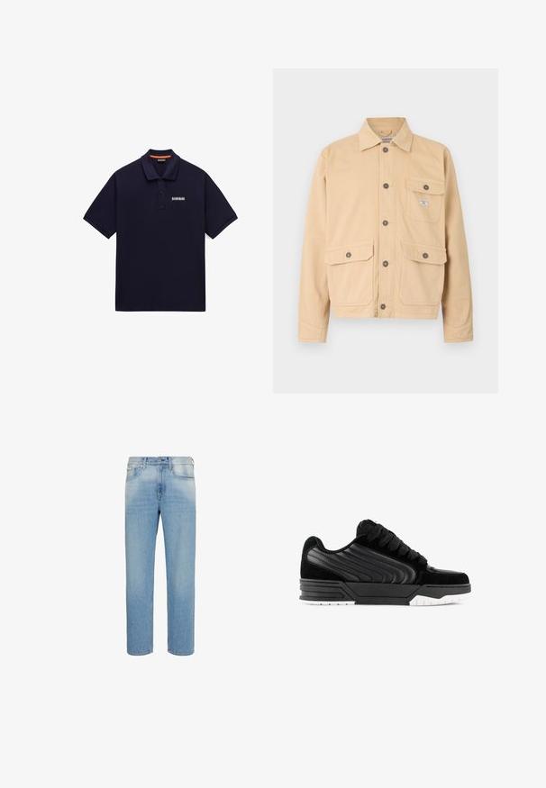 Beige lærred jakke med knaplukning foran, to store forlommer med klapper og en lille brystlomme. Standard krave og lange ærmer.; Marineblå polo med korte ærmer, to-knaps lukning og lille hvid logo-patch på venstre bryst.; Lyseblå jeans med lige ben, forlommer, bæltestropper og knaplukning, vist mod en hvid baggrund.; Sorte sneakers med en overdel i ruskind og syntetisk læder, teksturerede sidepaneler, tykke sorte snørebånd og en hvid gummisål.