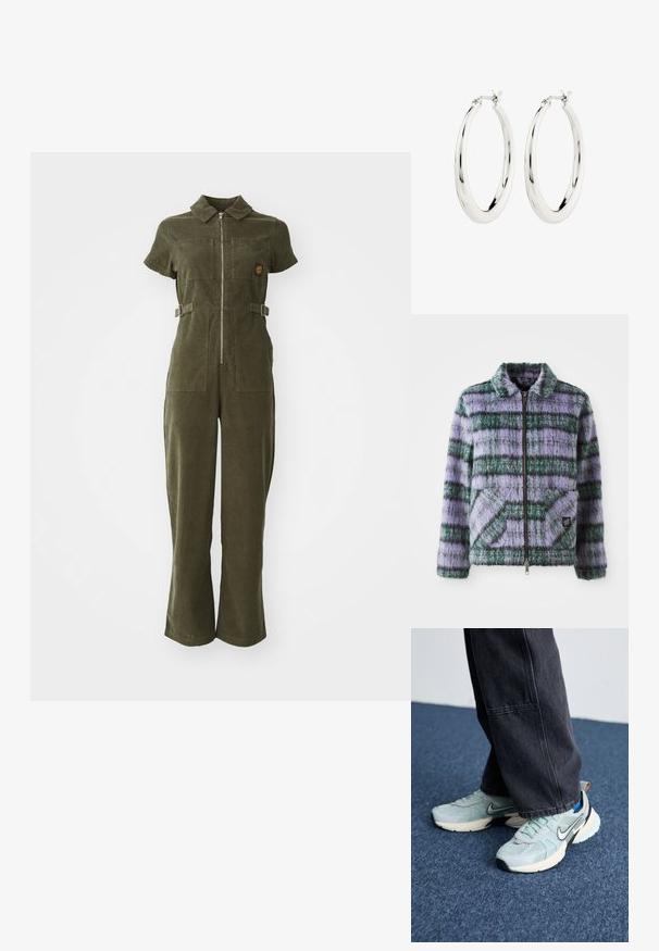 Faux fur jakke med lilla og grønne striber, lynlås lukning, krave og to forreste patch-lommer. Blød tekstur med geometriske mønster accenter.; Olivengrøn kordfløjl jumpsuit med lynlås foran, korte ærmer, to brystlommer og justerbare sidebånd. Bukser med flared ben.; Lyseblå mesh Nike sneakers med struktureret finish, sort swoosh og cremefarvet mellemsål, parret med mørkegrå vide bukser.; Sølvøreringe i form af hoops med en glat, blank finish. Cirkulær form, der har en sikker lås. Simpelt og elegant design.