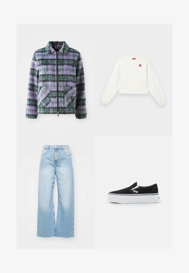 Nepalen jassen met paarse en groene strepen, ritsluiting, kraag en twee voorzakken. Zachte textuur met geometrische patronen.; Witte cropped sweatshirt met lange mouwen, ronde hals en een rood logopatch op de linkerborst. Zachte stof en geribbelde manchetten.; Lichtblauwe wijde spijkerbroeken van denim, met een hoge taille, vervaagde details, een knoopsluiting en een ruwe zoom aan de onderkant.; Zwarte canvas instapschoen met een witte rubberen zool, voorzien van elastische zijkanten en contrasterende stiksels. Merkenlogo zichtbaar aan de zijkant.
