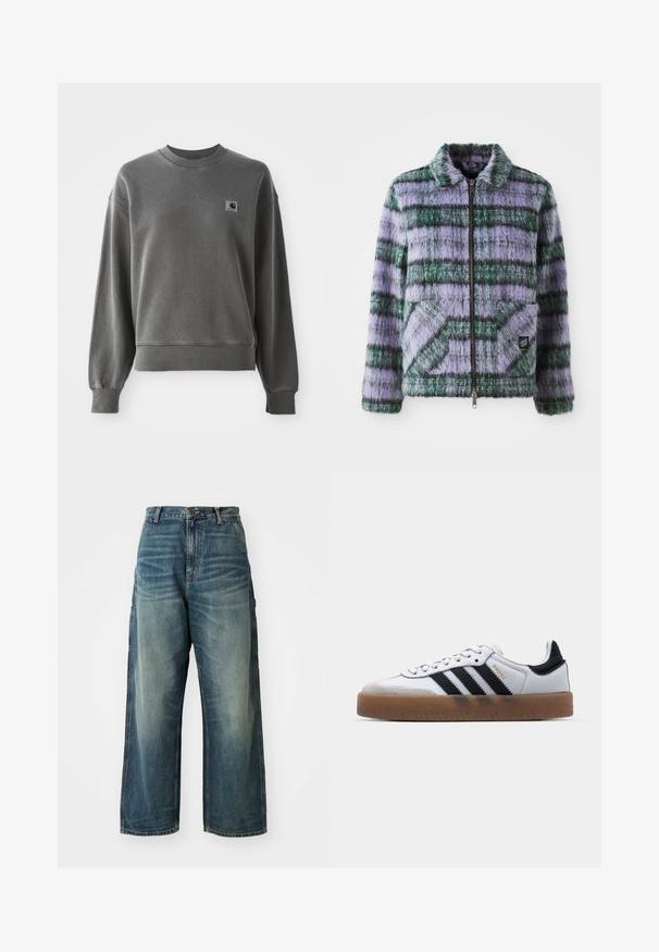 Faux fur jakke med lilla og grønne striber, lynlås lukning, krave og to forreste patch-lommer. Blød tekstur med geometriske mønster accenter.; Grå pullover sweatshirt lavet af glat bomuldsblanding, med rund hals, ribbede manchetter og et lille logopatch på venstre bryst.; Bredde ben denim jeans i en falmet blå vask. Har en knaplukning, fem lommer og synlige sømme. Materialet har en glat tekstur.; Hvide lædersneakers med sorte striber, gummirubber sål, rund tå, snørelukning og blød grå ruskinds tåhætte.