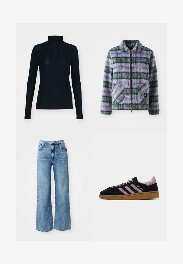 Faux fur jakke med lilla og grønne striber, lynlås lukning, krave og to forreste patch-lommer. Blød tekstur med geometriske mønster accenter.; Sort, langærmet turtleneck-top lavet af ribbet stof, der har et tætsiddende design og høj hals. Glat tekstur med en subtil glans.; Lysblå denim bredbente jeans med høj talje, der har fem lommer, knaplukning øverst og kontrastsyninger langs sømmene.; Sort og pink ruskinds-sneakers med gummisål, tre pink striber, gyldent "SPEZIAL" branding og tekstureret gummisål. Lavt design.