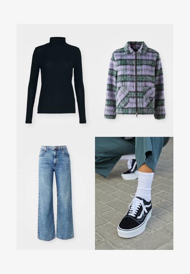 Faux fur jakke med lilla og grønne striber, lynlås lukning, krave og to forreste patch-lommer. Blød tekstur med geometriske mønster accenter.; Sort, langærmet turtleneck-top lavet af ribbet stof, der har et tætsiddende design og høj hals. Glat tekstur med en subtil glans.; Lysblå denim bredbente jeans med høj talje, der har fem lommer, knaplukning øverst og kontrastsyninger langs sømmene.; Sorte ruskinds sneakers med hvide accenter og snørebånd, der har en tyk hvid sål og kontrasterende syninger, parret med en hvid sok.