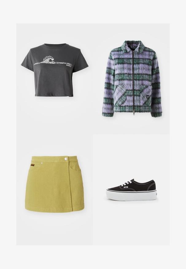 Nepalen jassen met paarse en groene strepen, ritsluiting, kraag en twee voorzakken. Zachte textuur met geometrische patronen.; Donkere grijze cropped T-shirt met een witte gestileerde golf, palmboom grafiek en "ROXY" tekst op de voorkant.; Groene denim rok met twee zijzakken, een sluiting met knopen aan de voorkant en een rechte snit. Bevat een klein merkgemerk op de tailleband.; Zwarte canvas sneaker met een witte rubberen platformzool, voorzien van witte veters en stiksels, iconische branding op de zijkant, low-top ontwerp.