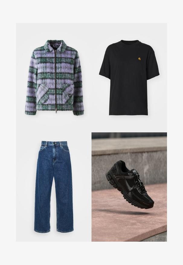 Faux fur jakke med lilla og grønne striber, lynlås lukning, krave og to forreste patch-lommer. Blød tekstur med geometriske mønster accenter.; Sort bomulds T-shirt med en afslappet pasform. Har en rund halsudskæring og korte ærmer. Inkluderer et lille guld broderet logo på brystet.; Lysblå denim brede ben jeans med høj talje, synlig syning og standard lommer. Har en knap- og lynlåslukning.; Sort atletiksko med mesh-overdel, teksturerede detaljer og en polstret sål. Fremtrædende Nike-logo på tungen og elegante designelementer.