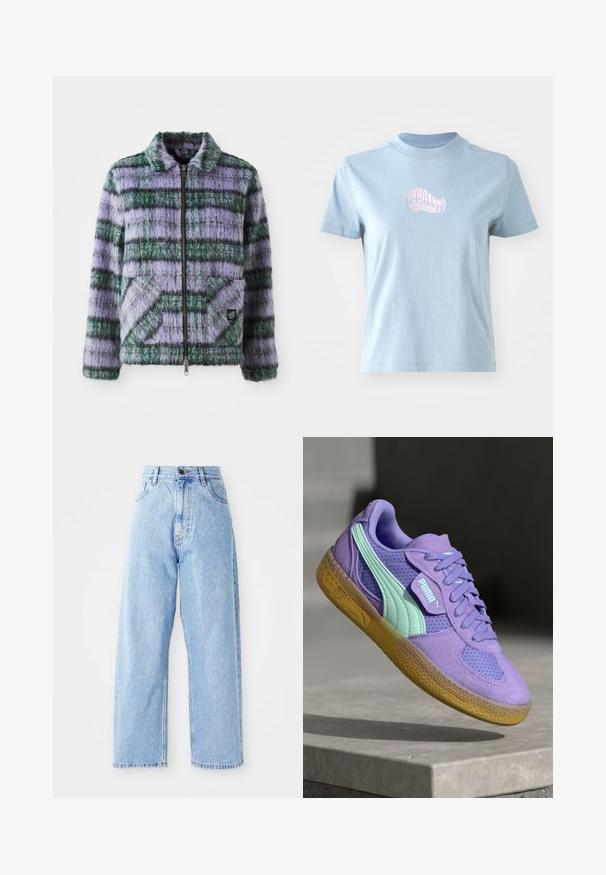 Faux fur jakke med lilla og grønne striber, lynlås lukning, krave og to forreste patch-lommer. Blød tekstur med geometriske mønster accenter.; Lyseblå bomulds T-shirt med korte ærmer og høj halsudskæring, prydet med et lille pink broderet skaldesign på forsiden.; Højhalset lysblå denimjeans med lige vide ben, frontknap, lynlås lukning samt front- og baglommer.; Lilla ruskind og mesh sneakers med mintfarvede accenter, snørelukning og en struktureret gummisål. Med PUMA branding på siden.