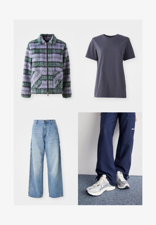 Nepalen jassen met paarse en groene strepen, ritsluiting, kraag en twee voorzakken. Zachte textuur met geometrische patronen.; Korte mouwen t-shirt van donkergrijs katoen, met een ronde hals, een gladde textuur, rechte zoom, zonder zichtbare patronen of hardwaredetails.; Lichtblauwe wijde jeans met een hoge taille, voorzien van zijzakken en een vervaagde textuur, vervaardigd uit denim materiaal.; Nike hardloopschoenen met een zilveren mesh bovenkant, witte accenten en structuurzolen, gecombineerd met luchtige navy broeken.