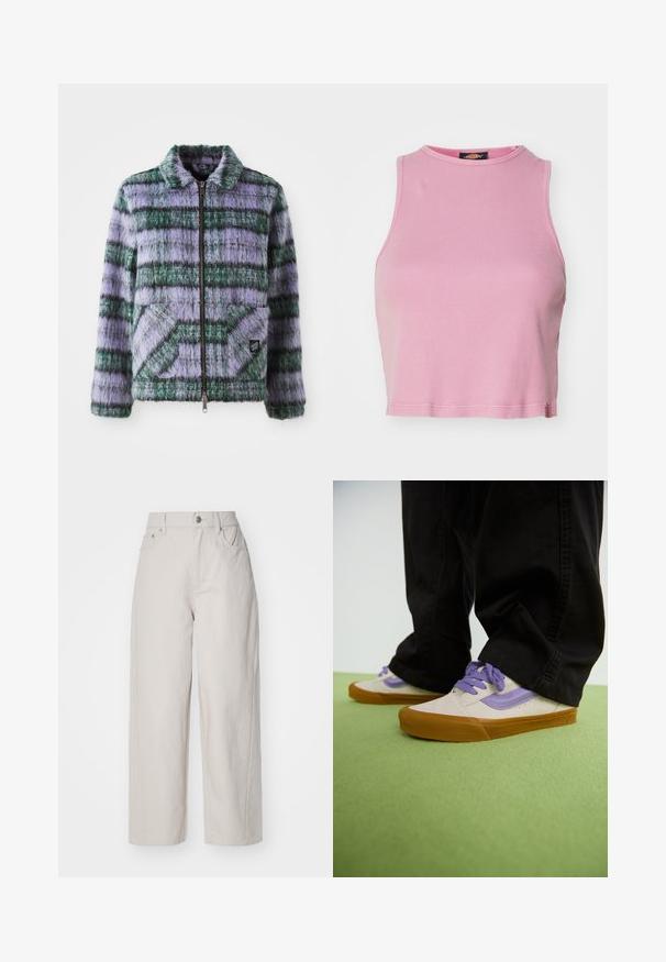 Faux-Fur-Jacke mit lila und grünen Streifen, Reißverschluss, Kragen und zwei aufgesetzten Taschen vorne. Weicher Stoff mit geometrischen Musterakzenten.; Rosa gerippter Cropped-Top mit rundem Halsausschnitt und ärmellosem Design. Besitzt einen Saum, der knapp über der Taille endet.; Beige weite Baumwollhosen mit hoher Taille, Knopf- und Reißverschluss, und vier Taschen; glatte Textur mit Jeansoptik.; Helle beige Sneakers mit lila Akzenten, Gummisohle und flachen Schnürsenkeln. Getragen mit schwarzen Hosen, auf einer grünen strukturierten Oberfläche präsentiert.