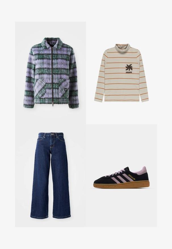 Faux fur jakke med lilla og grønne striber, lynlås lukning, krave og to forreste patch-lommer. Blød tekstur med geometriske mønster accenter.; Cremefarvet langærmet turtleneck bluse med orange horisontale striber og et palmetræsgrafik i mørkebrune nuancer på venstre bryst. Blødt stof.; Mørkeblå vide jeans lavet af denim, med knap- og lynlåslukning, bæltesløjfer og klassisk fem-lomme design.; Sort og pink ruskinds-sneakers med gummisål, tre pink striber, gyldent "SPEZIAL" branding og tekstureret gummisål. Lavt design.