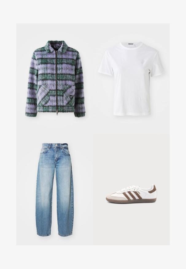 Chaqueta de piel sintética con rayas moradas y verdes, cierre de cremallera, cuello y dos bolsillos de parche en la parte delantera. Textura suave con acentos de patrón geométrico.; Camiseta blanca de manga corta hecha de una tela suave. Cuenta con un escote redondo y un corte recto, con una etiqueta en el cuello interior.; Jeans de pierna ancha en color azul claro con un acabado desgastado, cinco bolsillos y cierre de botón. La tela es denim, con costuras clásicas y un corte relajado.; Zapatilla blanca Adidas Samba con franjas de ante marrón, suela de goma marrón y puntera de ante beige, vista desde el lado exterior sobre un fondo liso.