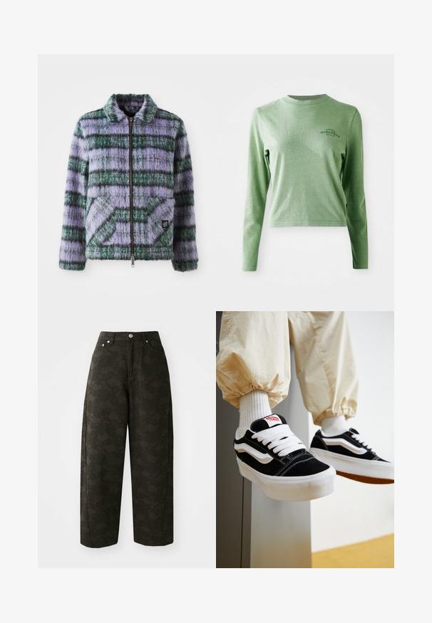 Veste en fausse fourrure avec des rayures violettes et vertes, fermeture éclair, col et deux poches plaquées à l'avant. Texture douce avec des accents de motifs géométriques.; T-shirt à manches longues vert clair en coton doux, avec un col rond et un petit logo imprimé sur le côté supérieur gauche.; Un pantalon large vert foncé présente un motif floral texturé, un design à cinq poches et des fermetures à bouton en métal à la taille.; Personne portant des baskets Vans noires et blanches avec des lacets blancs, des chaussettes blanches et un pantalon beige avec des poignets élastiques.