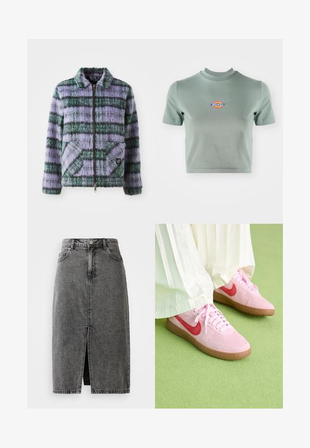 Nepalen jassen met paarse en groene strepen, ritsluiting, kraag en twee voorzakken. Zachte textuur met geometrische patronen.; Korte, cropped shirt met korte mouwen in gedempt groen katoen. Heeft een ronde halslijn en een kleurrijk "Dickies" logo op de borst.; Hoge taille, vervaagde zwarte denim midi-jurk met een split aan de voorkant, riemlussen en een klassieke vijf-pocket ontwerp.; Roze suède sportschoenen met een rood logo en bijpassende veters. De zool is van lichtbruin rubber. Draag ze met witte geplooide broeken op een groene ondergrond.
