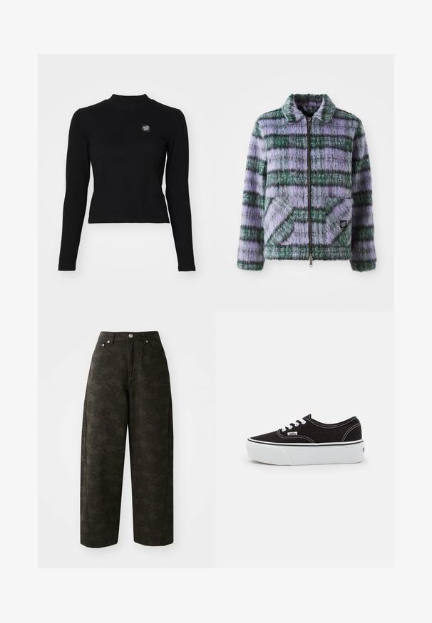 Faux fur jakke med lilla og grønne striber, lynlås lukning, krave og to forreste patch-lommer. Blød tekstur med geometriske mønster accenter.; Sort langærmet top med ribbet tekstur, høj hals og et lille broderet logo på venstre bryst. Har et tætsiddende cropped design.; Mørkegrønne vide bukser har et tekstureret blomsterdesign, fem lommer og metalknaplukninger i taljen.; Sort lærred sneakers med en hvid gummi platform sål, der har hvide snørebånd og syninger, ikonisk branding på siden, lav-top design.