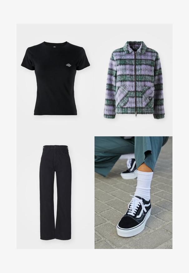 Chaqueta de piel sintética con rayas moradas y verdes, cierre de cremallera, cuello y dos bolsillos de parche en la parte delantera. Textura suave con acentos de patrón geométrico.; Camiseta negra de canalé con cuello redondo y manga corta, con un pequeño logo bordado en la parte izquierda del pecho.; Vaqueros amplios de talle alto en negro, con cierre frontal de botón y cremallera, trabillas para cinturón y dos bolsillos frontales, sobre un fondo blanco.; Zapatillas de ante negro con acentos y cordones blancos, que cuentan con una gruesa suela blanca y costuras en contraste, combinadas con un calcetín blanco.