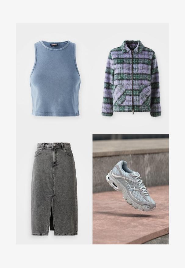 Faux-Fur-Jacke mit lila und grünen Streifen, Reißverschluss, Kragen und zwei aufgesetzten Taschen vorne. Weicher Stoff mit geometrischen Musterakzenten.; Helles blaues, geripptes Crop-Top mit Rundhalsausschnitt und ärmellosem Design. Glatte Textur und ein kleines Logodetail am Saum.; Hochgeschnittene, ausgebleichte schwarze Denim-Midirock mit vorderem Schlitz, Gürtelschlaufen und klassischem Fünf-Taschen-Design.; Hellgrauer und weißer Nike-Laufschuh mit Mesh-Oberfläche und gepolsterter Sohle, schwebt in der Luft vor einem Hintergrund aus Betontreppen.