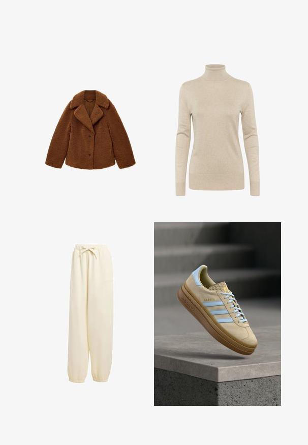 Braune, flauschige Jacke aus Kunstfell mit einem breiten Reverskragen, zwei Knöpfen vorne und einer lockeren Passform. Weiche Textur mit gemütlichem Aussehen.; Beige Rollkragenpullover aus weichem Strickstoff. Verfügt über lange Ärmel, einen figurschmeichelnden Schnitt sowie ein geripptes Kragen- und Saumdesign.; Beige, locker sitzende Sweatpants aus weichem Material. Sie verfügen über einen elastischen Bund mit Kordelzug und elastische Bündchen an den Knöcheln.; Beiger Wildleder-Sneaker mit hellblauen Akzenten und drei Streifen. Verfügt über eine strukturierte Ferse, eine erhöhte Sohle und ein geprägtes Logo an der Seite.