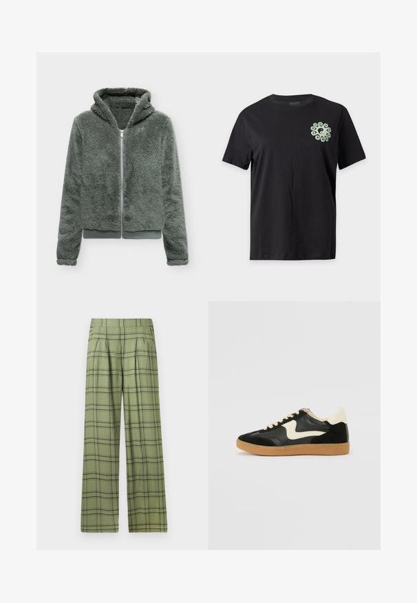 Chaqueta con capucha y cremallera, de color gris verdoso, con textura peluda, mangas largas y dobladillo acanalado, mostrada sobre un fondo blanco liso.; Camiseta negra de manga corta con un pequeño símbolo yin-yang verde claro rodeado por un patrón de remolino en la parte superior izquierda del pecho.; Pantalones de pierna ancha en verde con un patrón de cuadros en negro, cintura alta, pliegues frontales y bolsillos laterales.; Zapatillas de deporte de ante y cuero negro con un swoosh lateral en crema y un talón en crema claro. Presenta cordones beige y una suela de goma marrón.