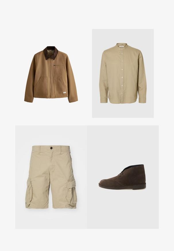 Brun lynlåstrøje med mørkebrun kordfløjls krave, to frontlommer og en lynlåslomme på brystet på hvid baggrund.; Beige langærmet skjorte med mandarinkrave og knapper foran, vist på en ensfarvet lys grå baggrund.; Beige cargo shorts lavet af bomuldsstof, med sidelommer, knaplukning og en lige skæring. Glat tekstur.; Brun ruskindsankelstøvle med to huller, lav hæl og syet sål på en ensartet lysegrå baggrund.