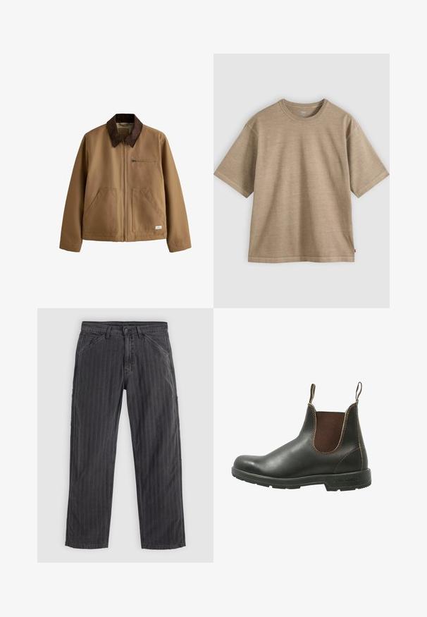 Bruine jas met ritssluiting en donkerbruine corduroy kraag, twee voorzakken en één borstzak met rits op een witte achtergrond.; Beige katoenen T-shirt met korte mouwen, ronde hals en een losse pasvorm, getoond op een effen lichtgrijze achtergrond.; Zwart gestreepte broek van een katoenmix. Heeft een recht model, zijzakken en een knoopsluiting.; Chelsea-boots van glad zwart leer met bruine elastische zijpanelen, contrasterende stiksels en een gestructureerde rubberen zool.