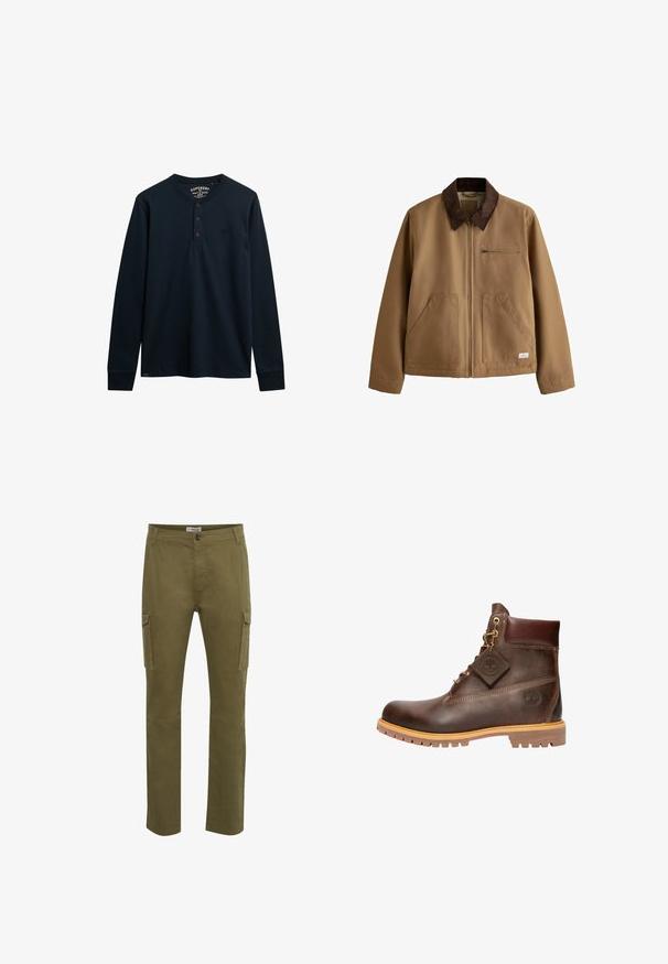 Chaqueta marrón con cremallera, con cuello de pana marrón oscuro, dos bolsillos delanteros y un bolsillo con cremallera en el pecho sobre un fondo blanco.; Camisa henley de manga larga en color marino, hecha de algodón suave, con una tapeta de tres botones, dobladillo redondeado y pequeño logotipo en el pecho.; Pantalones cargo verdes con corte recto, que presentan dos bolsillos laterales, un cierre de botón y detalles de costura en la superficie de la tela.; Botín de cuero marrón hasta el tobillo con punta redonda, suela resistente, herrajes en tono dorado y parte superior texturizada. Incluye una etiqueta con el logo adjunta.