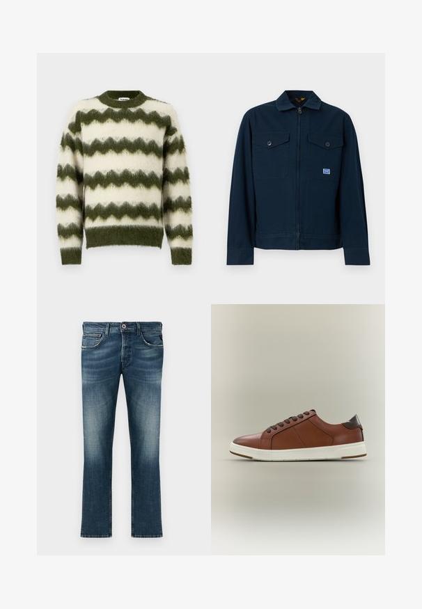 Marineblaue Jacke mit durchgehendem Frontreißverschluss, zwei mit Knöpfen versehenen Brusttaschen und einem kleinen rechteckigen Aufnäher auf der linken Tasche.; Grüner und weißer Pullover mit Zickzackmuster aus weichem, flauschigem Material. Er hat einen runden Halsausschnitt und gerippte Bündchen.; Dunkelblaue Denim-Jeans mit einer ausgewaschenen Optik. Mit klassischem Fünf-Taschen-Design, geradem Bein und einem roten Akzentknopf.; Brauner Leder-Sneaker in niedrigem Schnitt mit dunkelbraunen Schnürsenkeln, strukturiertem Seitenpanel, weißer Sohle und dunkelbraunem Fersenriemen vor neutralem Hintergrund.
