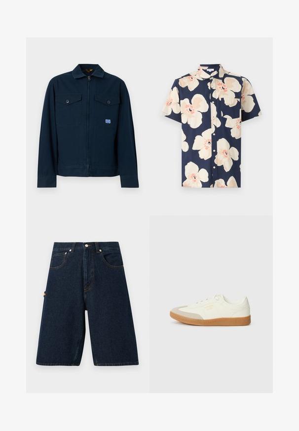 Marineblauwe jas met een rits aan de voorkant, twee borstzakken met knopen en een klein rechthoekig label op de linkerzak.; Heren korte mouwen overhemd met knopen met marineblauwe achtergrond en grote beige en perzik bloemenprint, met een borstzak aan de linkerkant.; Donkerdenim shorts met een losse snit, vijf zakken en contrasterende oranje stiksels. Heeft een klassieke knoop- en ritssluiting.; Schoen gemaakt van wit leer met een beige teenkap en een lichtbruine rubberen zool. Voorzien van platte witte veters en reliëfbranding aan de zijkant.