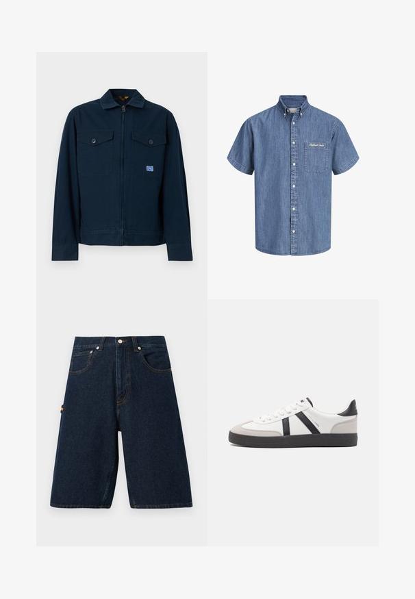 Marineblaue Jacke mit durchgehendem Frontreißverschluss, zwei mit Knöpfen versehenen Brusttaschen und einem kleinen rechteckigen Aufnäher auf der linken Tasche.; Kurzärmliges blaues Jeanshemd mit Knopfleiste und einer Fronttasche auf der linken Seite mit weiß gesticktem Text.; Dunkelblaue Jeansshorts mit lockerem Schnitt, Fünf-Taschen-Design und kontrastierenden orangefarbenen Nähten. Verfügt über einen klassischen Knopf- und Reißverschluss.; Weiße Sneaker mit schwarz- und grau-aczenten, ausgestattet mit einer strukturierten grauen Zehenkappe, schwarzer Gummi-Sohle und flachen weißen Schnürsenkeln. Sauberes Design, minimalistische Stil.