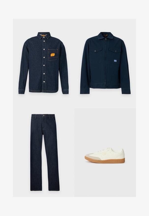 Marineblauwe jas met een rits aan de voorkant, twee borstzakken met knopen en een klein rechthoekig label op de linkerzak.; Donkerblauwe denim shirt met button-down kraag, oranje label op de borstzak en witte knopen. Zachte textuur met contrasterende stikseldetails.; Donkere blauwe rechtoplopende spijkerbroek met knoop aan de voorkant, ritssluiting, riemlussen en zijzakken, weergegeven op een witte achtergrond.; Schoen gemaakt van wit leer met een beige teenkap en een lichtbruine rubberen zool. Voorzien van platte witte veters en reliëfbranding aan de zijkant.