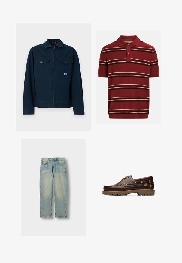 Marineblauwe jas met een rits aan de voorkant, twee borstzakken met knopen en een klein rechthoekig label op de linkerzak.; Kortemouws bordeauxrood poloshirt met een placket met twee knopen, voorzien van horizontale witte en donkerbruine strepen over het lichaam en de mouwen.; Lichtblauwe denim jeans met een rechte pasvorm, voorzien van vijf zakken en subtiele vervaging aan de voorkant en achterkant.; Bruine leren veterschoen voor op een boot met gestikte details en een dikke rubberen zool, gezien vanaf de zijkant.