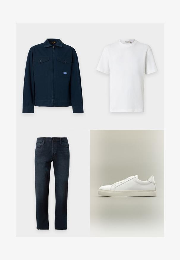 Marineblå jakke med lynlås foran, to brystlommer med knapper og et lille rektangulært mærke på den venstre lomme.; Hvid kortærmet t-shirt i vaffelmønster med rund hals og et lille mærke med brandnavn inde i kraven, vist på en ensfarvet baggrund.; Mørkeblå jeans lavet af denimstof, med et lige ben-design, en frontknap- og lynlås-lukning samt fem lommer.; Hvid lavtop sneaker med snørebånd foran og tyk sål, vist fra siden mod en neutral baggrund.