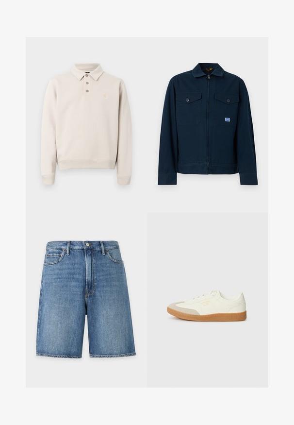 Veste bleu marine avec une fermeture éclair sur le devant, deux poches poitrine à boutons et une petite écusson rectangulaire sur la poche gauche.; Polo beige à manches longues avec trois boutons, poignets et ourlet côtelés, et petite écusson logo sur la poitrine à gauche.; Short en jean bleu avec bouton à l'avant, passants de ceinture et poches avant, présenté sur fond blanc uni.; Baskets en cuir blanc avec une coque beige et une semelle en caoutchouc marron clair. Dotées de lacets blancs plats et d'un logo embossé sur le côté.